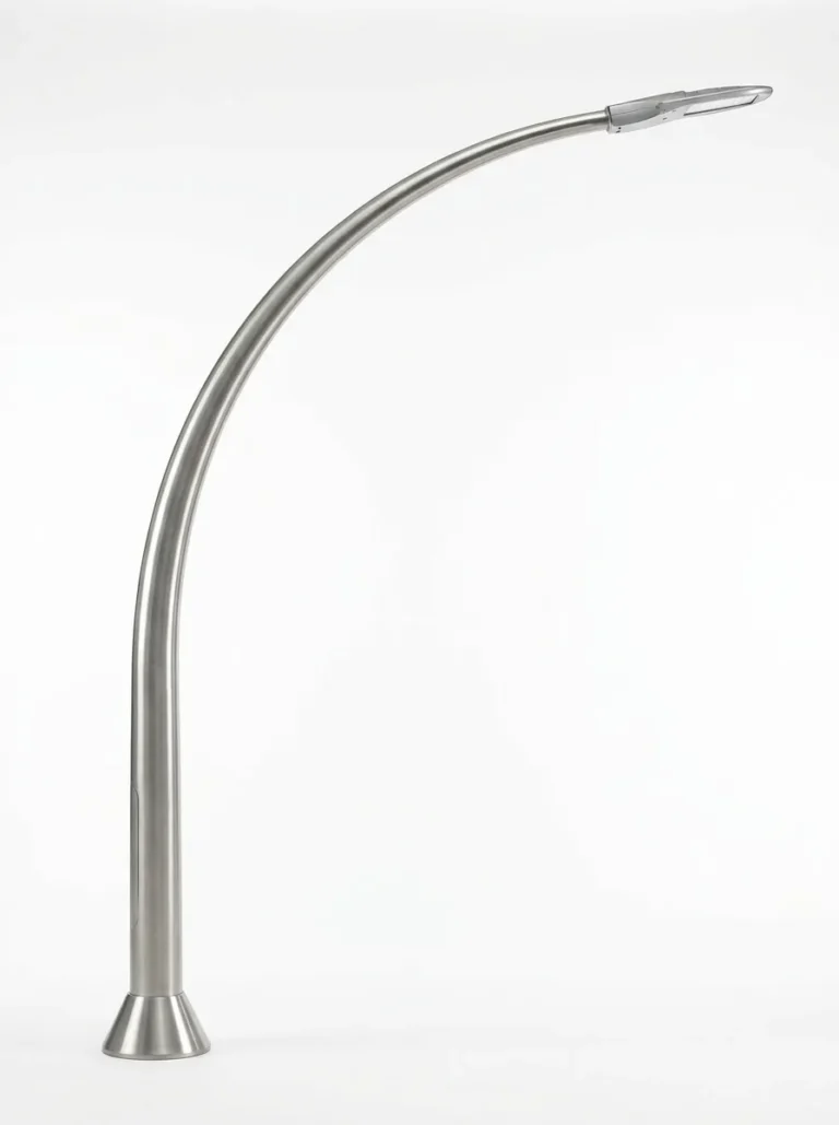Stainless steel curved light pole product view on white background