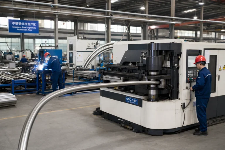 Stainless steel arc shaped light pole in Yaolong production facility