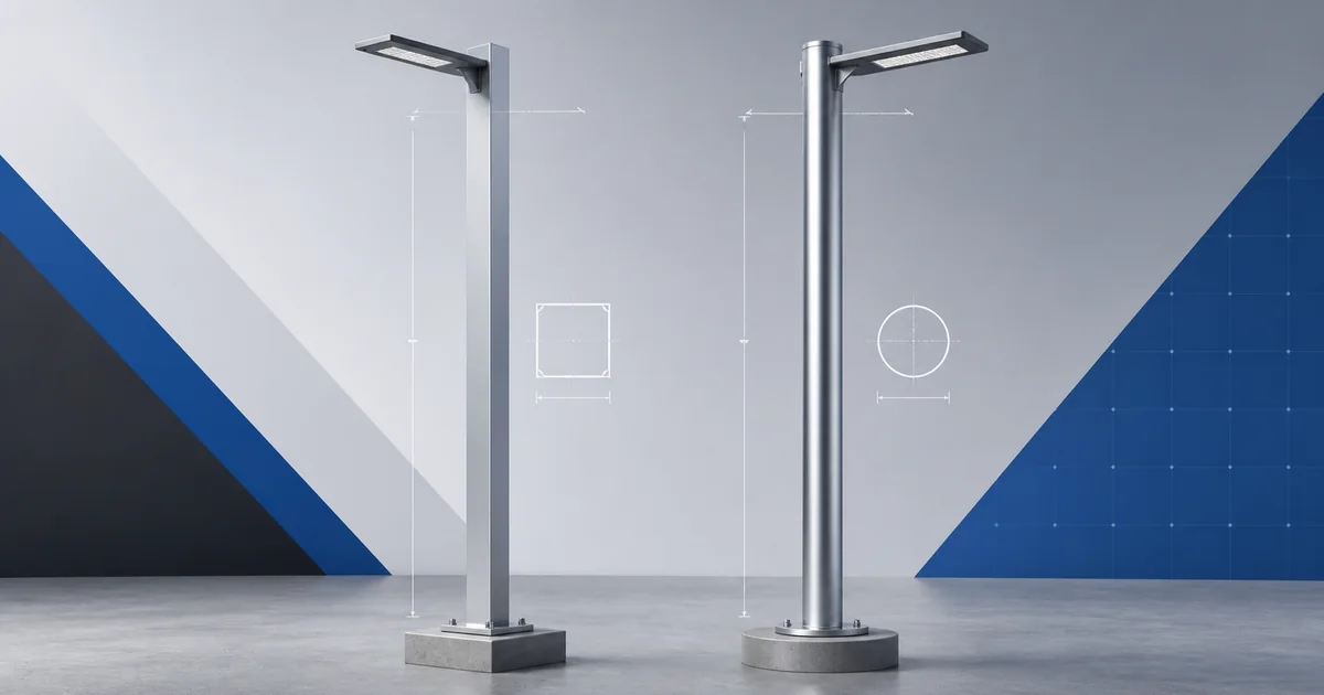 Square and round aluminum light pole comparison illustration