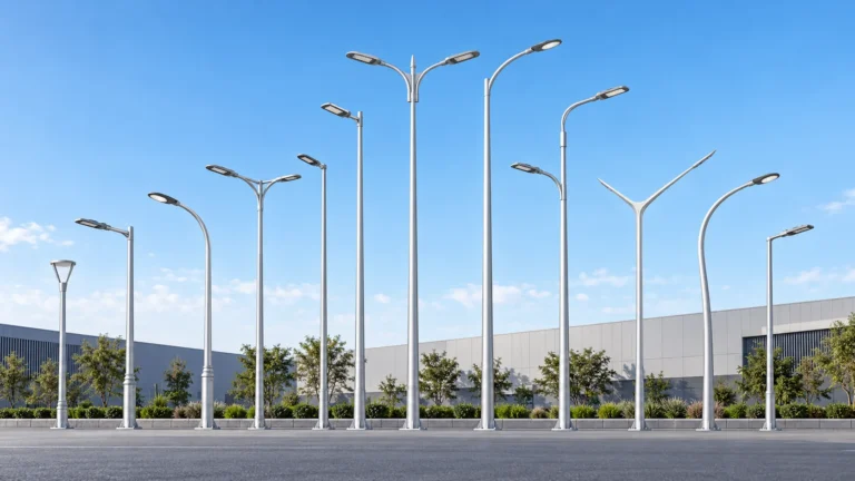 Aluminum light pole designs for street lighting, including curved and multi-arm poles